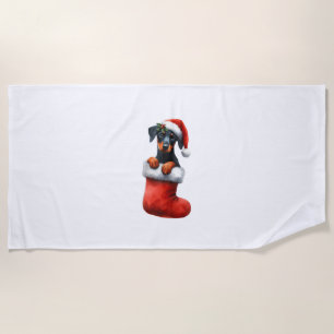 Doberman Pinscher In Sock Christmas Santa Hat Xmas Beach Towel