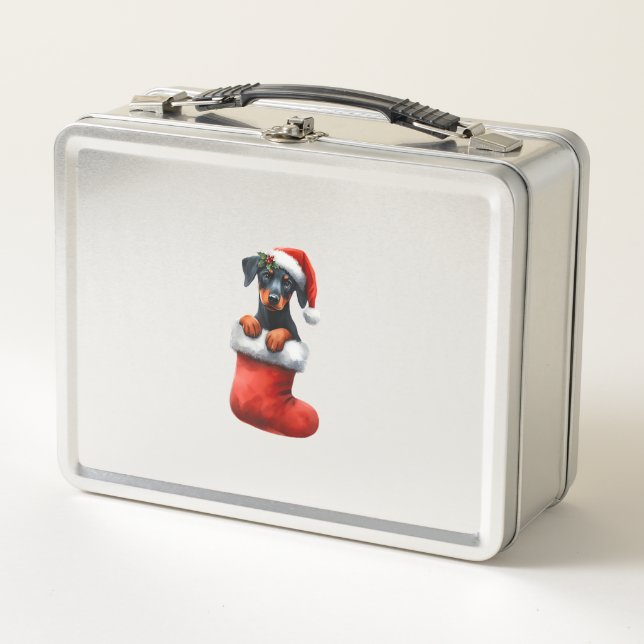 Doberman Pinscher In Sock Christmas Santa Hat Xmas Metal Lunch Box (Front)