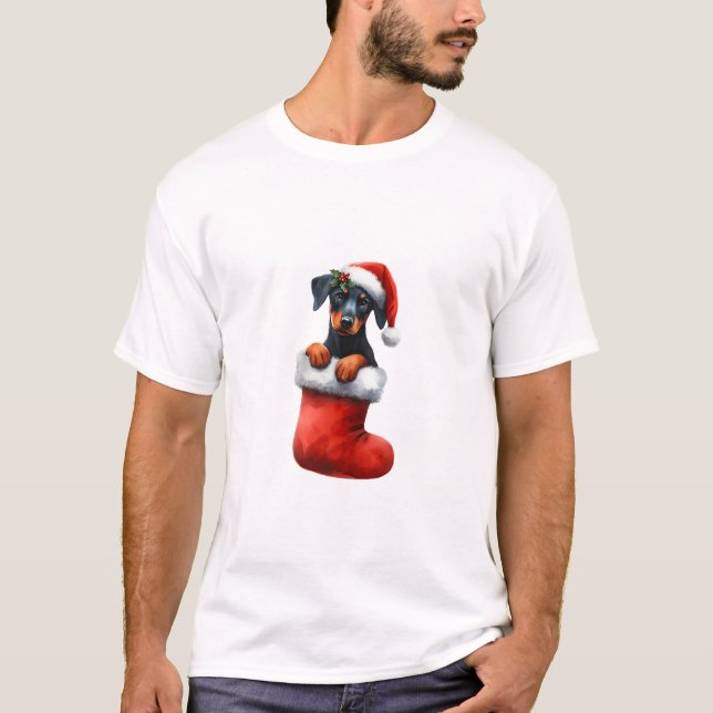Doberman Pinscher In Sock Christmas Santa Hat Xmas T-Shirt (Front)
