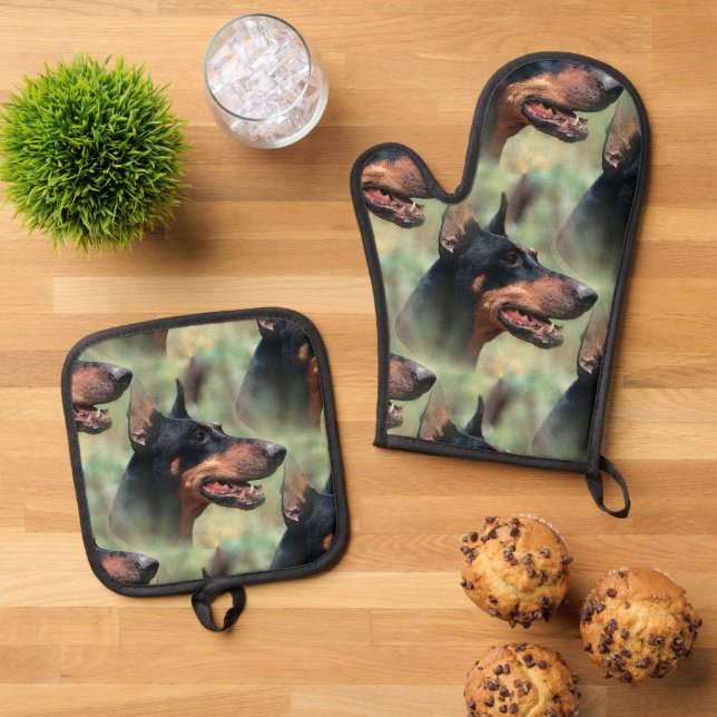Doberman Pinscher in the Woods Oven Mitt & Pot Holder Set (Top Down)