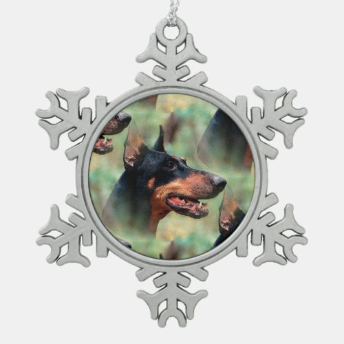Doberman Pinscher in the Woods Snowflake Pewter Christmas Ornament