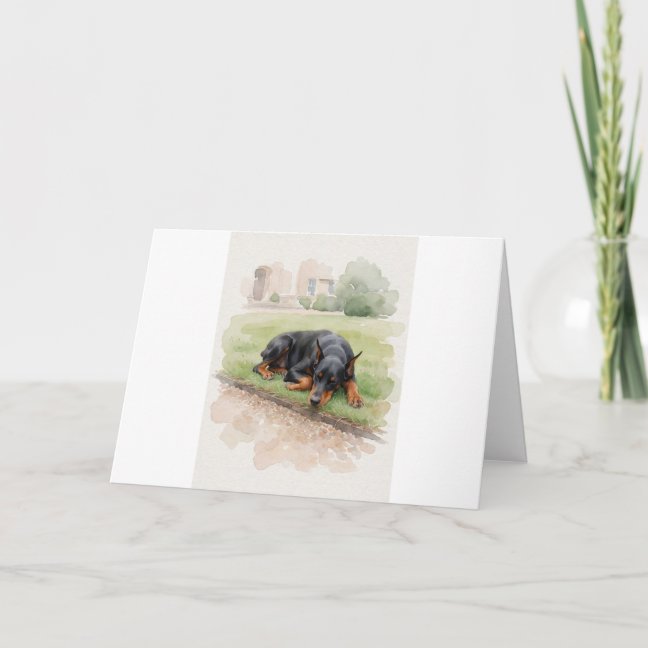 Doberman Pinscher Napping On The Estate Lawn Edge  Card