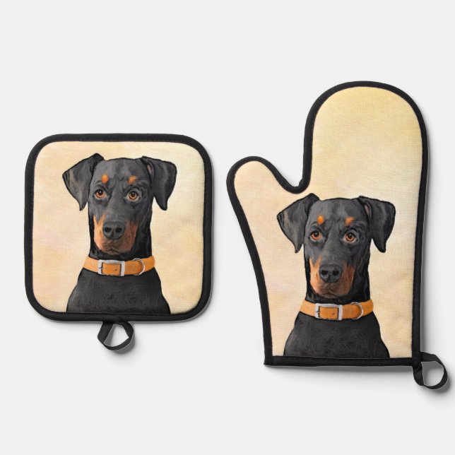 Doberman Pinscher Painting Dobie Uncropped Dog Art Oven Mitt & Pot Holder Set (Front)