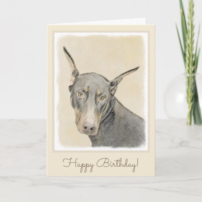 Doberman Pinscher Painting - Original Dog Art Card (Front)