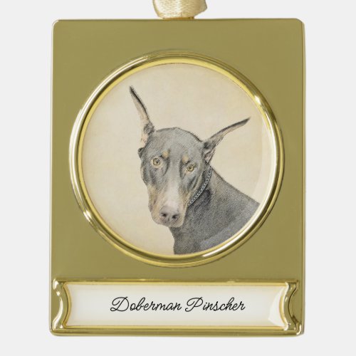 Doberman Pinscher Painting _ Original Dog Art Gold Plated Banner Ornament