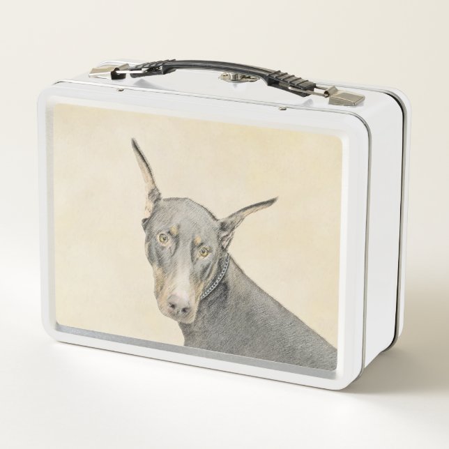 Doberman Pinscher Painting - Original Dog Art Metal Lunch Box (Back)