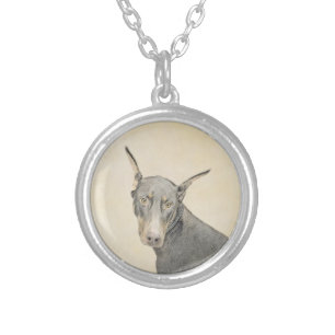 Doberman Pinscher Painting - Original Dog Art Silver Plated Necklace