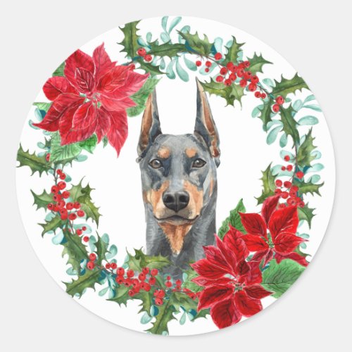 Doberman Pinscher Poinsettia Holly Holiday Wreath Classic Round Sticker