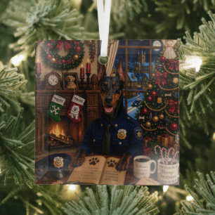 Doberman Pinscher Police Holiday Glass Ornament