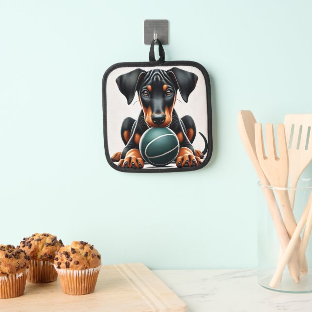 Doberman Pinscher Puppy Holding a Ball Pot Holder (Insitu(Hanging))