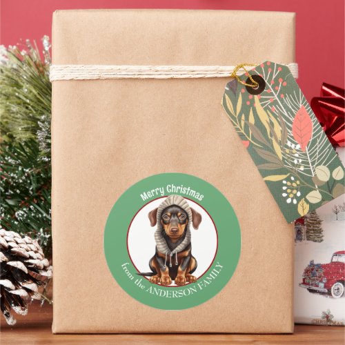 Doberman Pinscher Puppy in Winter Hat Christmas Classic Round Sticker