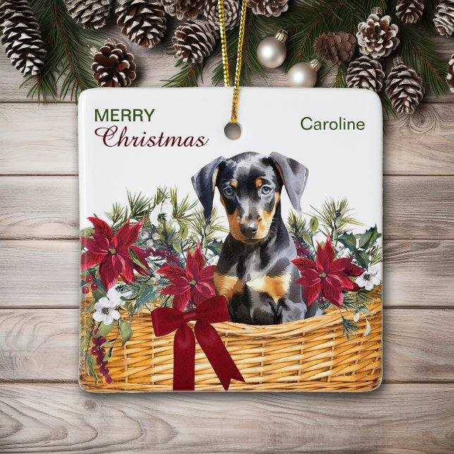 Doberman Pinscher Puppy Poinsettia Holiday Basket Ceramic Ornament (Creator Uploaded)