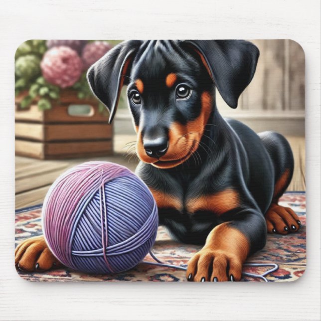 Doberman Pinscher Puppy with Yarn Ball on a Rug Mouse Pad (Front)