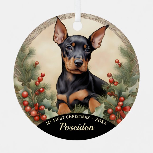 Doberman Pinscher Puppy's First Christmas Ornament (Front)