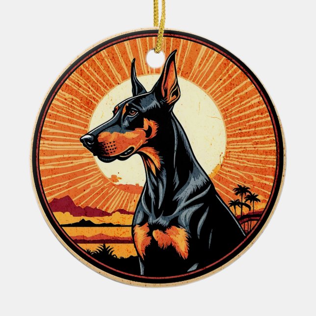 Doberman Pinscher Retro Sunset Dog Lover Ceramic Ornament (Front)