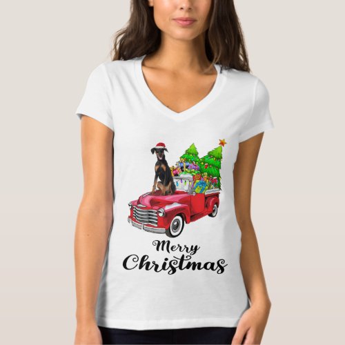 Doberman Pinscher Ride Red Truck Christmas Pajama T_Shirt