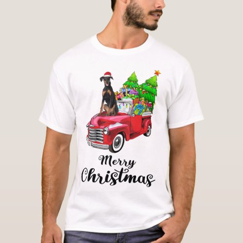 Doberman Pinscher Ride Red Truck Christmas Pajama T_Shirt