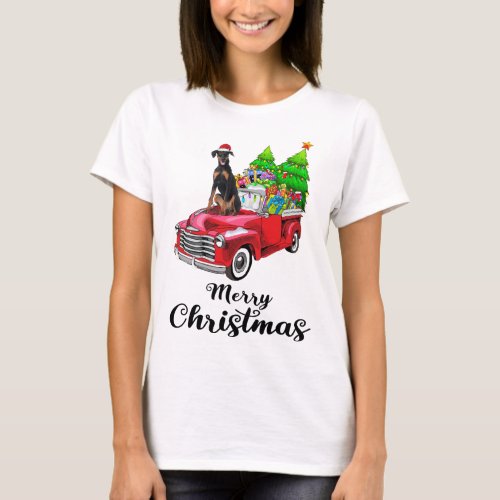 Doberman Pinscher Ride Red Truck Christmas Pajama T_Shirt