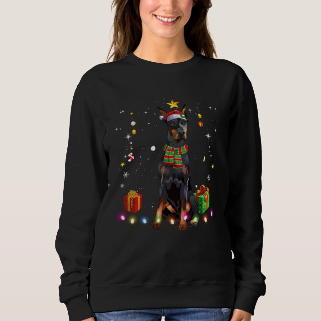 Doberman Pinscher Santa Christmas Tree Lights Xmas Sweatshirt (Front)
