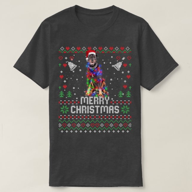 Doberman Pinscher Santa Hat Dog Christmas Tree Lig T-Shirt (Design Front)