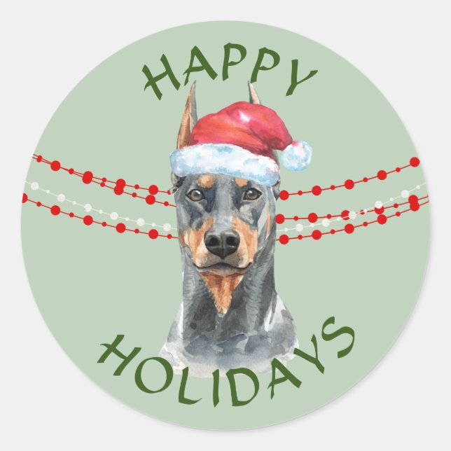 Doberman Pinscher Santa Hat Happy Holidays Classic Round Sticker (Front)