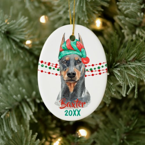 Doberman Pinscher Santa Hat Holiday String Beads Ceramic Ornament