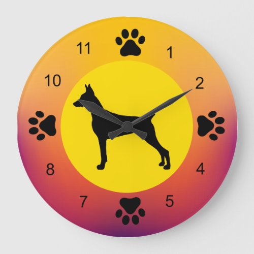 Doberman Pinscher Silhouette Sunset Colors Large Clock