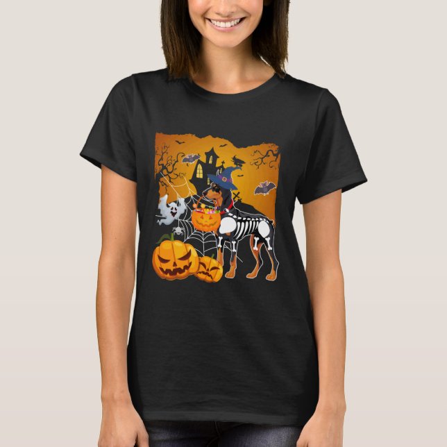 Doberman Pinscher Skeleton Halloween Happy Pumpkin T-Shirt (Front)
