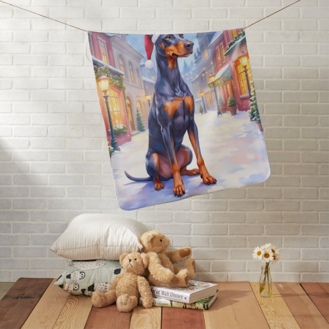 Doberman Pinscher Snowy Village Santa Hat Christma Baby Blanket (In Situ)