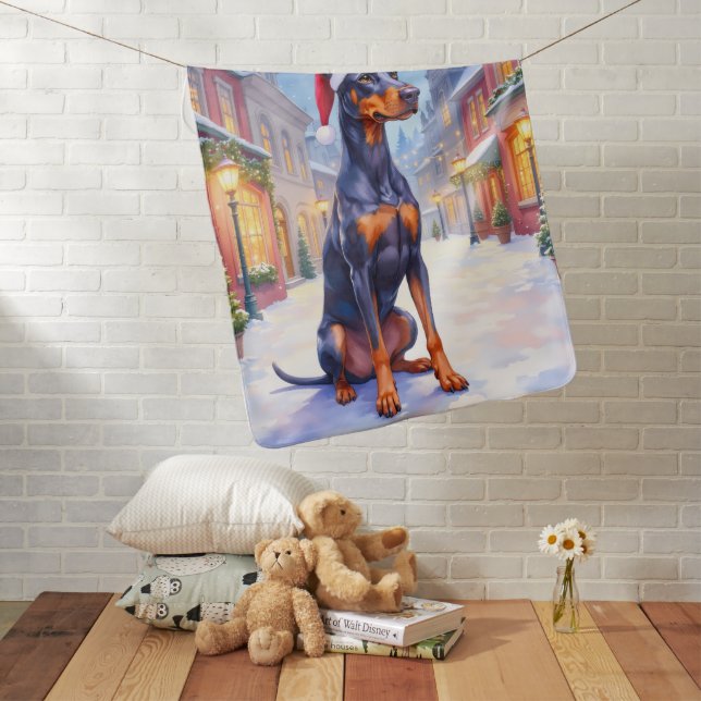 Doberman Pinscher Snowy Village Santa Hat Christma Baby Blanket (In Situ)