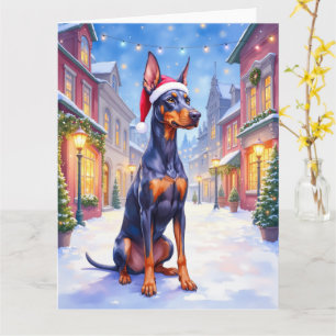 Doberman Pinscher Snowy Village Santa Hat Christma Card