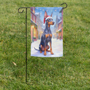 Doberman Pinscher Snowy Village Santa Hat Christma Garden Flag