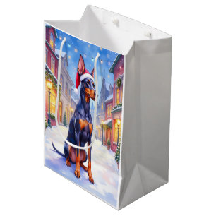 Doberman Pinscher Snowy Village Santa Hat Christma Medium Gift Bag