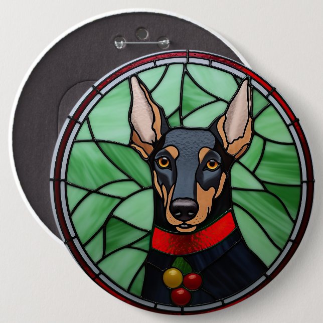 Doberman Pinscher Stained Glass Christmas  Button (Front & Back)