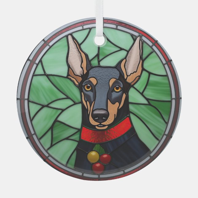 Doberman Pinscher Stained Glass Christmas  Glass Ornament (Front)