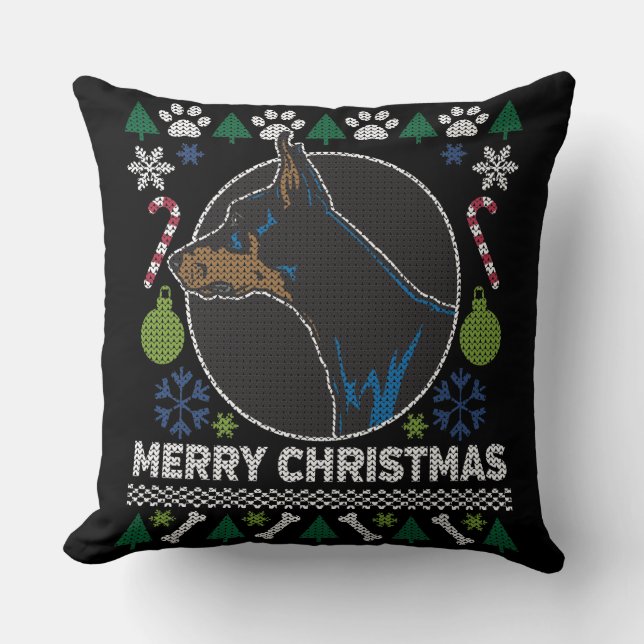 Doberman Pinscher Ugly Christmas Sweater Dog Throw Pillow (Front)