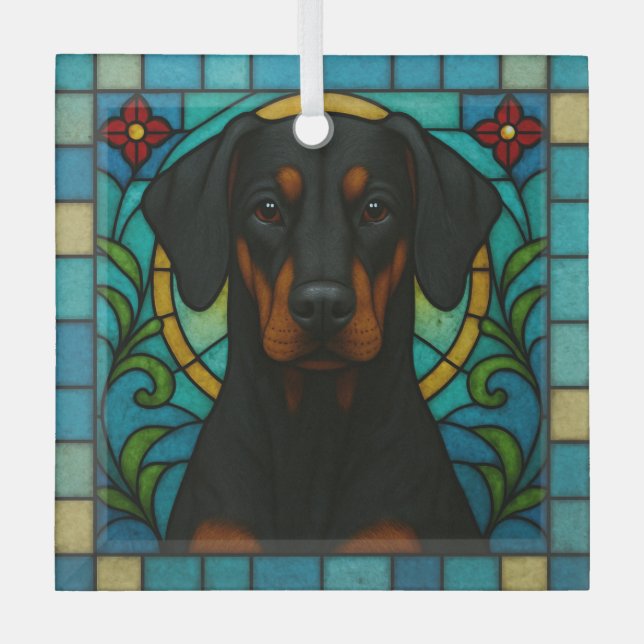 Doberman Pinscher Uncropped Dog "Stained Glass"  Glass Ornament (Front)