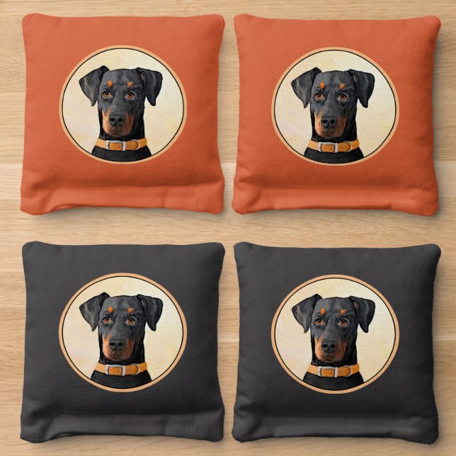 Doberman Pinscher Uncropped Painting Original Art Cornhole Bags (Wood)