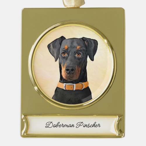 Doberman Pinscher Uncropped Painting Original Art Gold Plated Banner Ornament