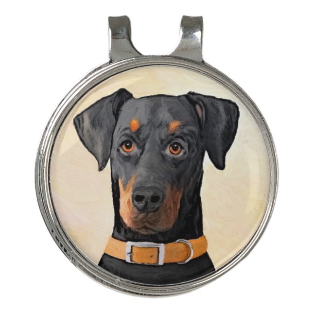 Doberman Pinscher Uncropped Painting Original Art Golf Hat Clip (Front)