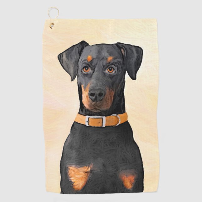 Doberman Pinscher Uncropped Painting Original Art Golf Towel (Front)