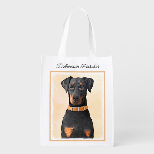 Doberman Pinscher Uncropped Painting Original Art Grocery Bag (Back)