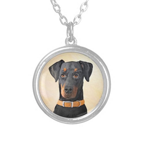 Doberman Pinscher Uncropped Painting Original Art Silver Plated Necklace