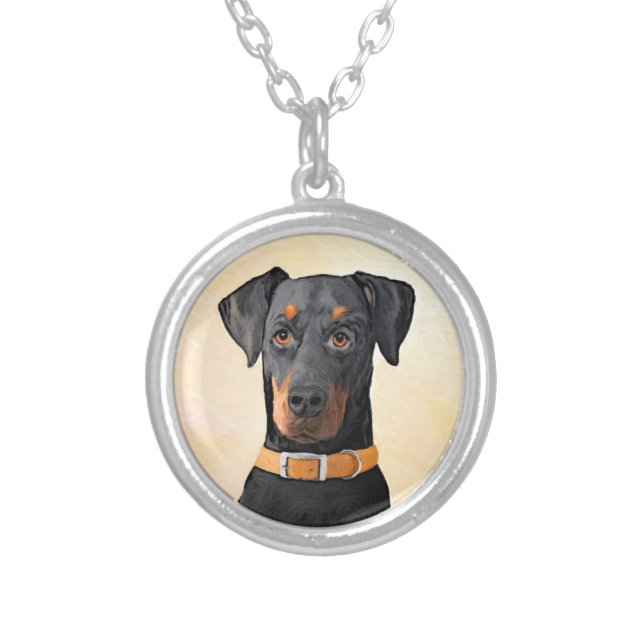 Doberman Pinscher Uncropped Painting Original Art Silver Plated Necklace (Front)