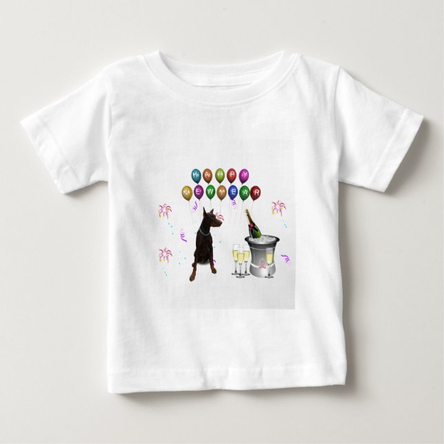 Doberman Pinscher wishing Happy New Year 2016 Baby T-Shirt (Front)