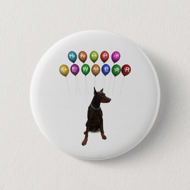 Doberman Pinscher wishing Happy New Year 2016 Button (Front)