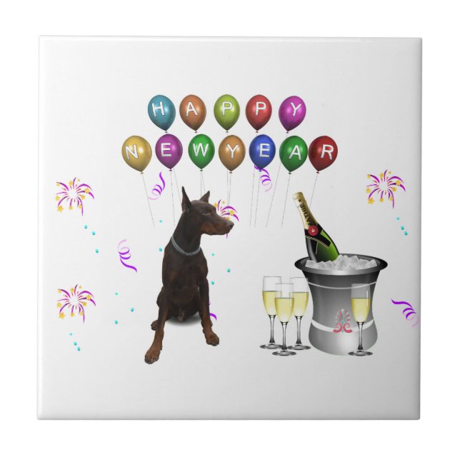 Doberman Pinscher wishing Happy New Year 2016 Ceramic Tile (Front)