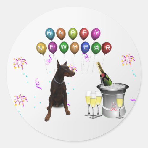 Doberman Pinscher wishing Happy New Year 2016 Classic Round Sticker