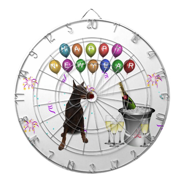 Doberman Pinscher wishing Happy New Year 2016 Dartboard With Darts (Front)
