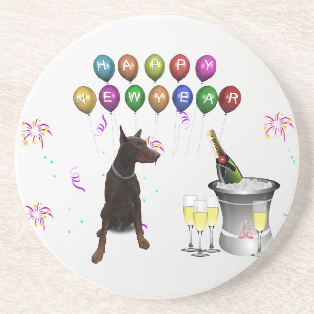 Doberman Pinscher wishing Happy New Year 2016 Drink Coaster (Front)